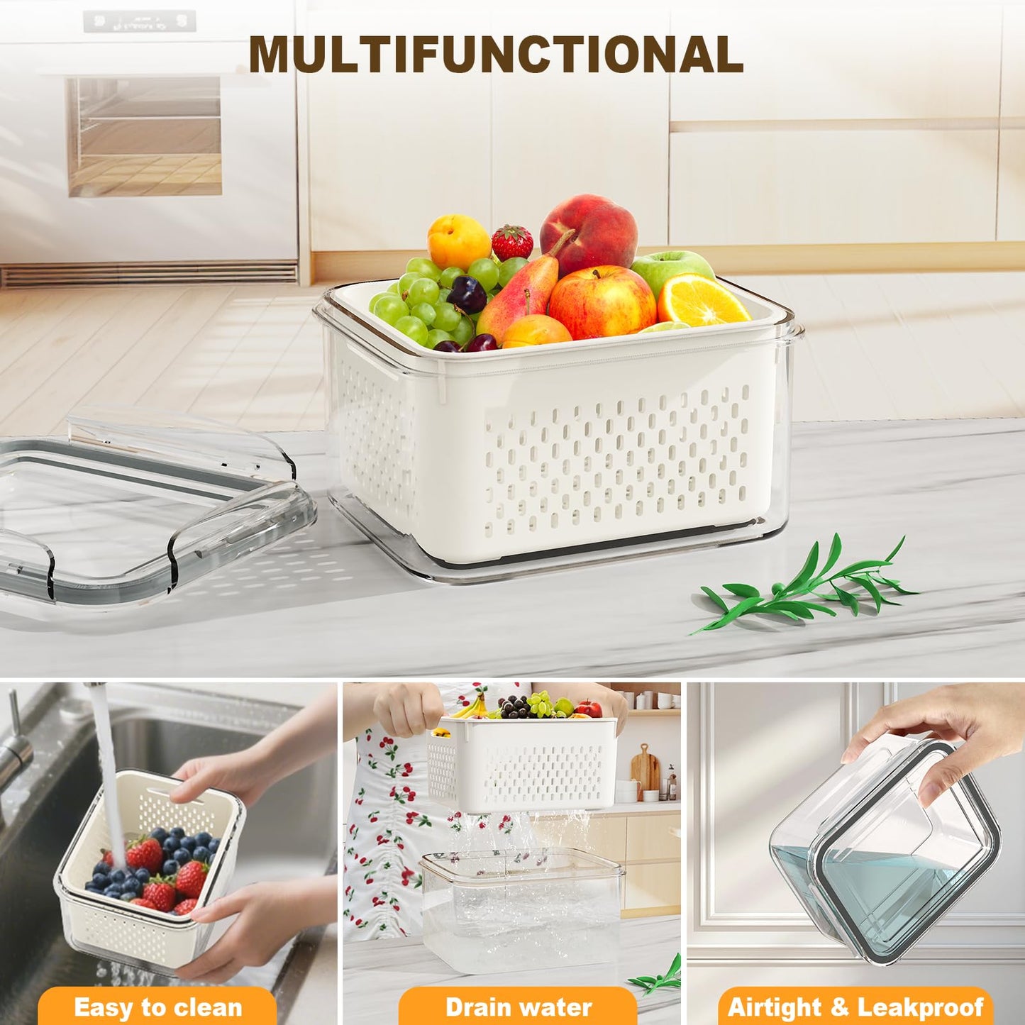 8 Pcs Fruit Storage Containers For Fridge with Removable Colander, Airtight Food Containers, Keep Fruits, Vegetables, Berries, and Meats Fresh Longer, Dishwasher and Microwave Safe (8 Pack)