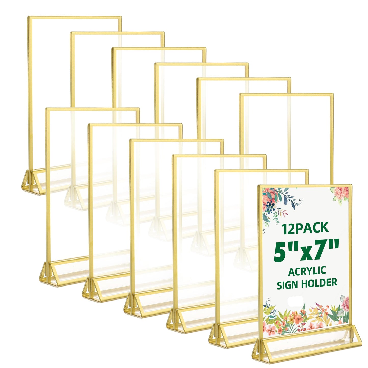 TonGass 5"x7" Clear Acrylic Table Number Holders with 3mm Gold Border (12-Pack), Double-Sided Clear Sign Holders for Weddings, Events, Menu or Photo Display, Vertical Stand Acrylic Picture Frame