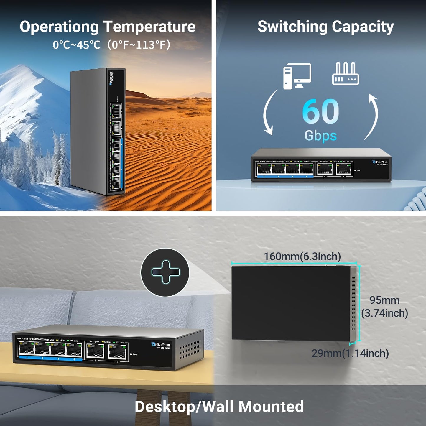 6 Ports 10Gb Unmanaged Ethernet Switch with 4*2.5G Base-T Ports, 2*10G RJ45 Ports. 60Gbps Switching Capacity, GiGaPlus 10Gbps Network Switch for 2.5G/10Gbps NAS/PC, WiFi6 Router, Wireless AP