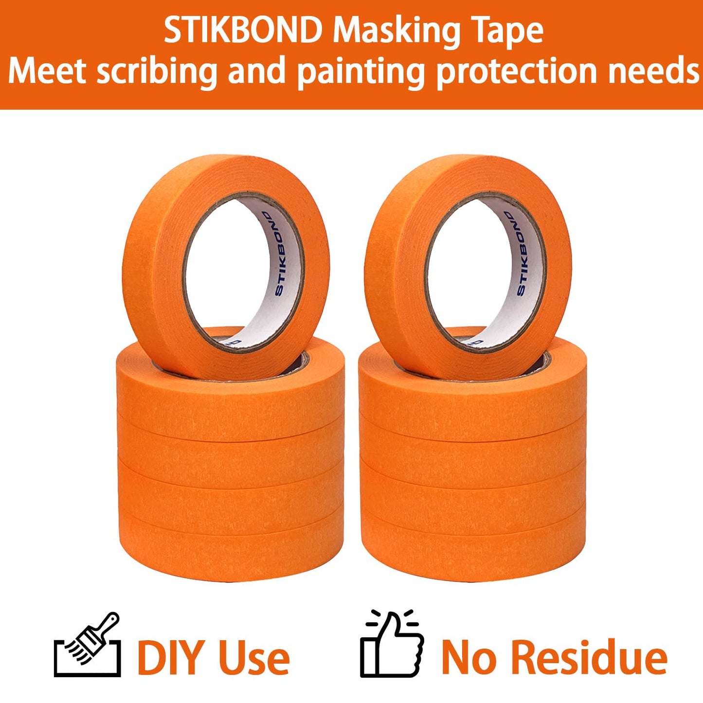 STIKBOND Orange Painters Tape 1 Inch x 55 Yards 10 Rolls (550 Total Yards), Medium Adhesive Green Masking Tape Bulk Multi Pack for Wall Painting, Furniture Painting, DIY Handmade Decoration