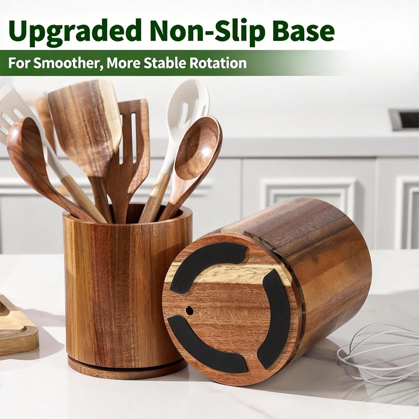 Wooden Utensil Holder, 360°Rotating 7.3'' Large Utensil Holder for Kitchen Counter, Kitchen Utensil Organizer, Cooking Utensil Crock, Farmhouse Kitchens Countertop Decor, Acacia Wood