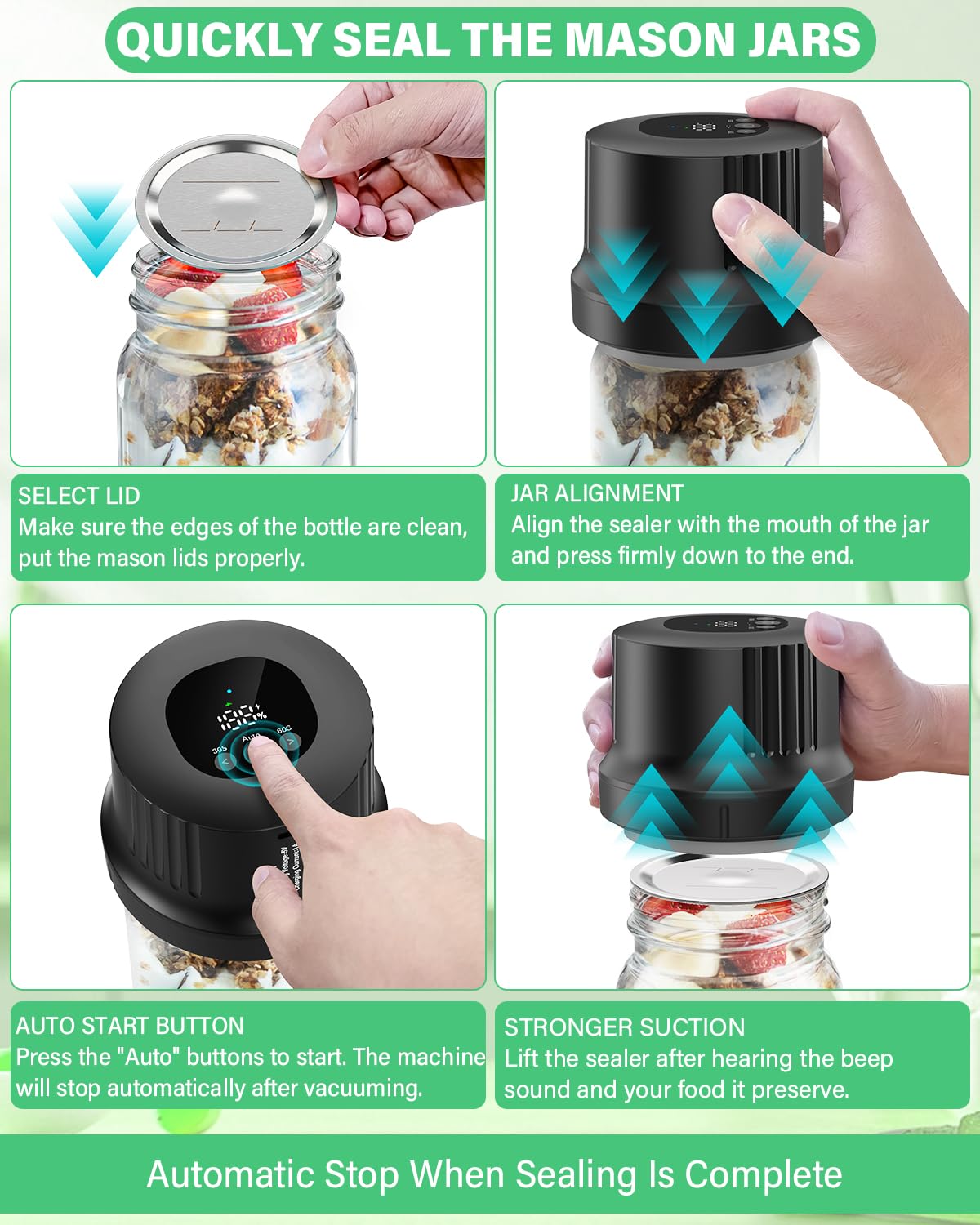 Mason Jar Vacuum Sealer Kit-Fully-Automatic-Canning-Jar-Sealer-Vacuum-Sealing,2025 Upgraded Electric Vacuum Sealer for Wide&Regular Mouth Mason Jars/Canning &Sous Vide Bag/Jar Sealer Machine for Food