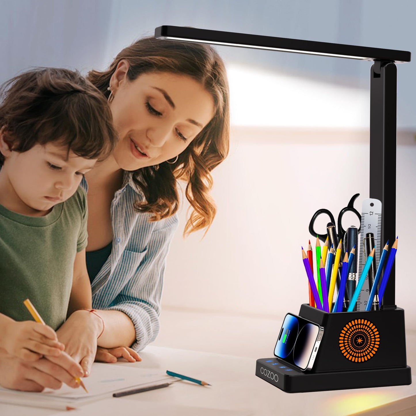 cozoo Desk Lamp,LED Desk Lamps for Home Office,Wireless Charger Small Lamp with Pen Holder,Color Changing Nightlight,12 Lighting Modes,Table Light fot Nail, Lamps for College Dorm Room