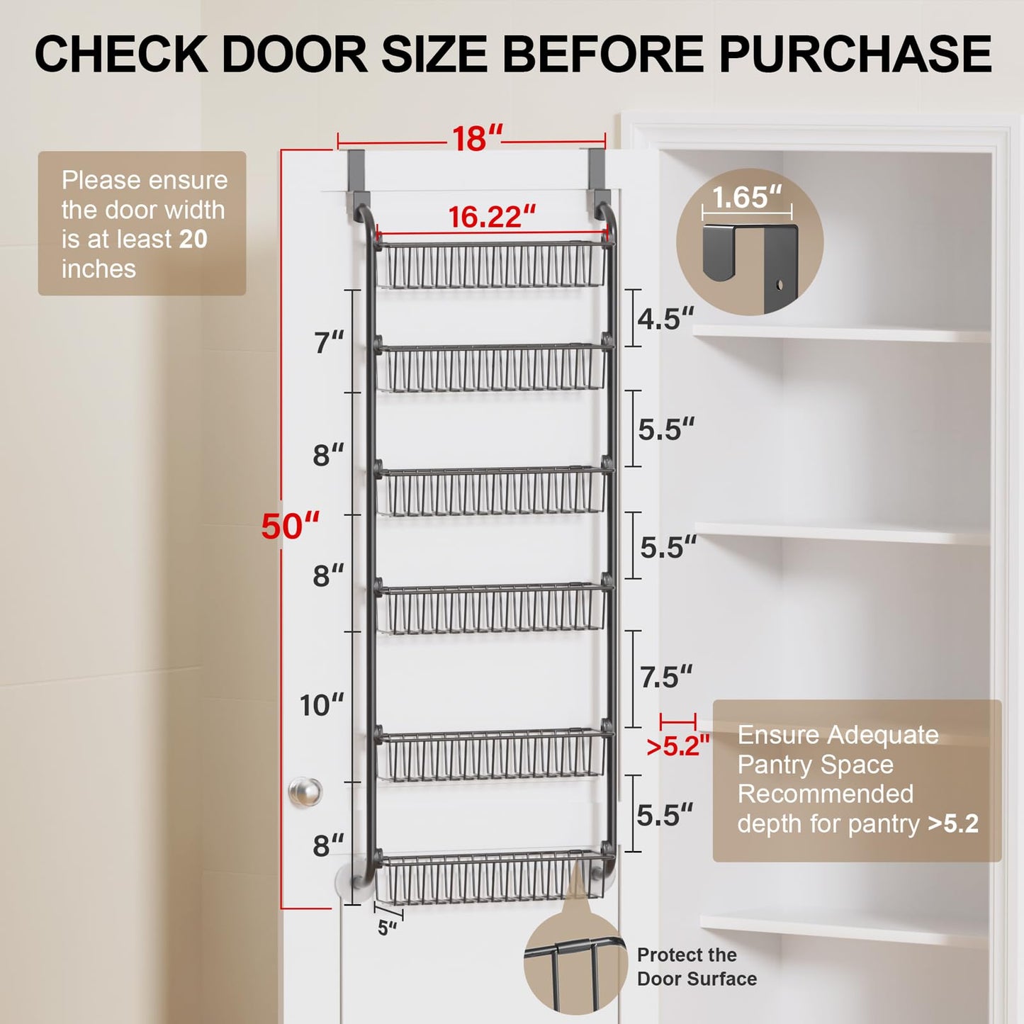 Delamu Over the Door Pantry Organizer, 6 Tier Pantry Organizers and Storage, Metal Cabinet Door Organizer, Hanging Spice Rack Shelves for Home & Kitchen, D4.65xW18xH50inch, Black