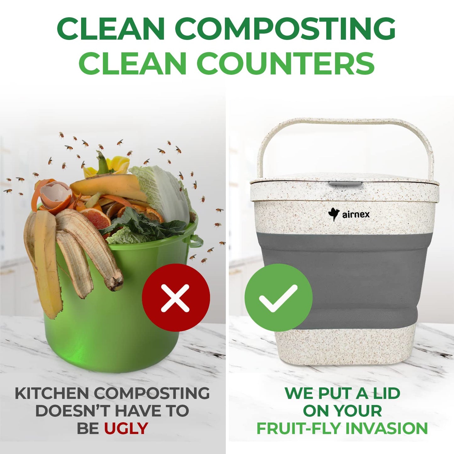 AIRNEX Collapsible Kitchen Compost Bin with Lid - 4 Liter / 1 Gal Countertop Compost Bin for Food Waste Made from Wheat Straw - Indoor Green Bin with 20 Compostable Bags & 2 Charcoal Filters