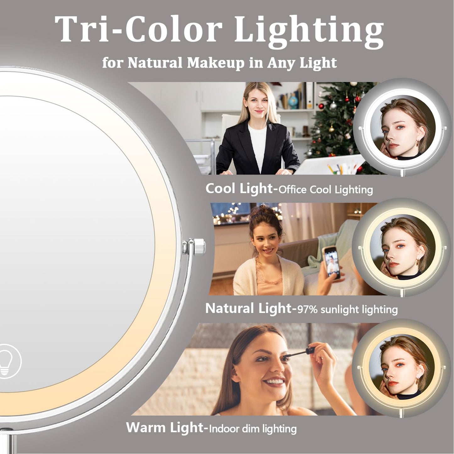 9in Vanity Mirror with Lights, Rechargeable 5000mAh Lighted Makeup Mirror, 1X/20X Double Sided Magnifying Mirror, 360° Rotate, 3 Color Lights, Brightness Adjustable with 60 LEDs,Up to 3800lux, Silvery