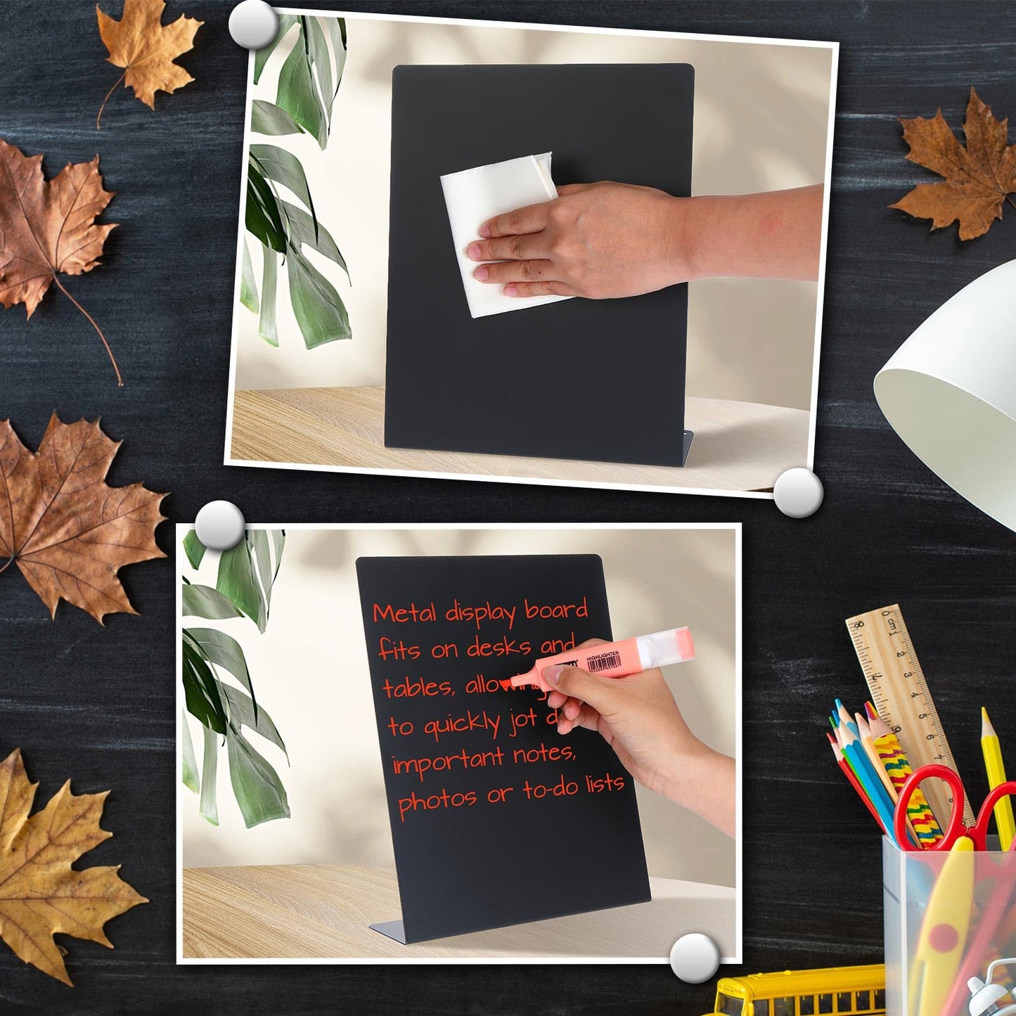 Fainne Magnetic Bulletin Board with Easel Stand Mini Black Magnet Metal Tabletop Memo Display Board for Back to School Menu Table Home Kitchen Office Supplies(11 x 8.5 Inches,2 Pcs)