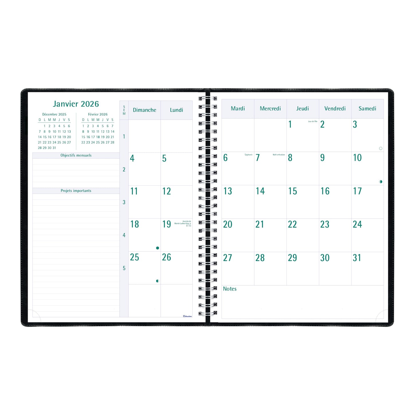 Blueline® 2026 Timanager® Planifi-Action® Weekly/Monthly Planner, Appointment Book, 13 Months, December to December, Twin-Wire Binding, 11" x 8.5", Black, French (C5930.81FT-26)