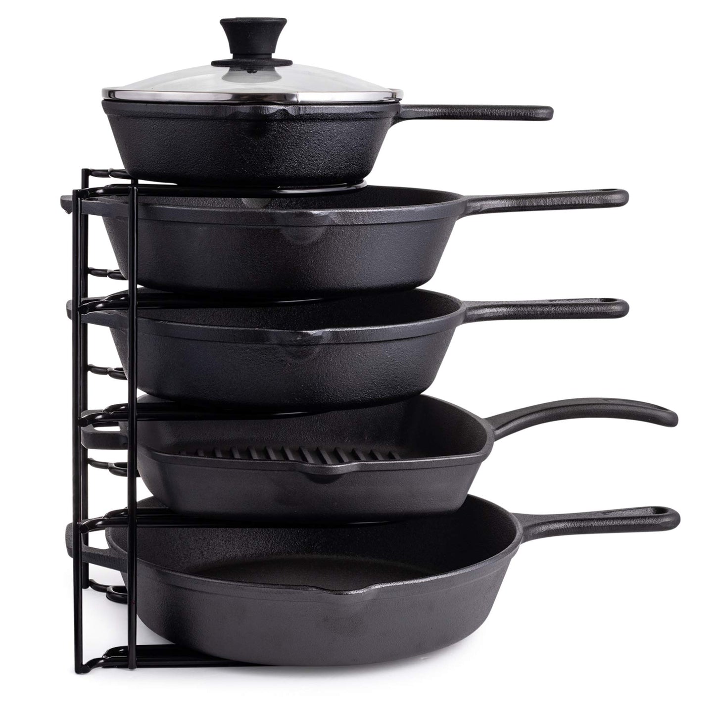 Heavy Duty Pan Organizer, 5 Tier Rack - Holds up to 50 LB - For Cast Iron Skillets, Griddles, Pots - Durable Steel Construction - Space Saving Kitchen Storage - No Assembly Required - Black 12.2-Inch