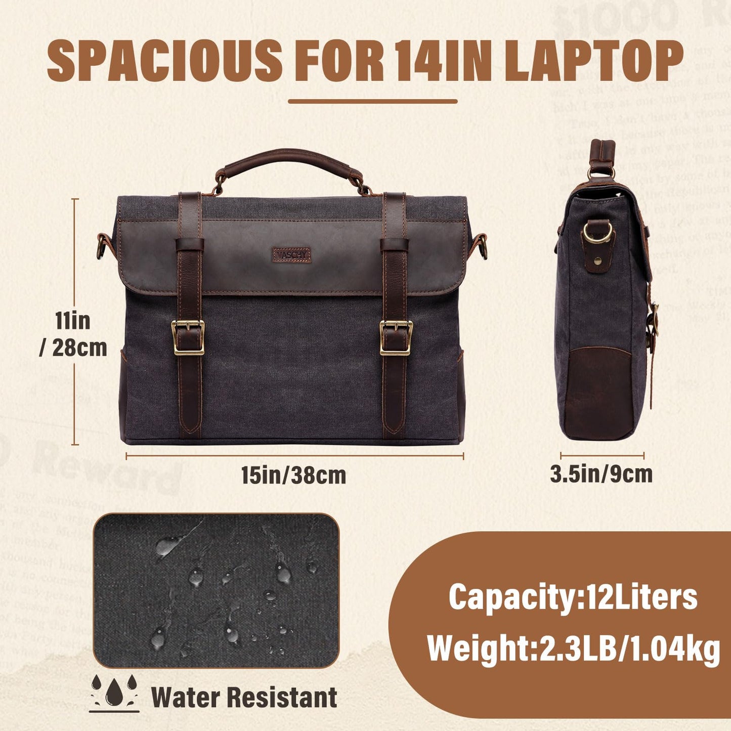 Messenger Bag for Men,Vintage Canvas Leather Canvas Laptop Satchel Shoulder Bag Business Briefcase, Gray-fits 14inch Laptop, Fits 14in Laptop