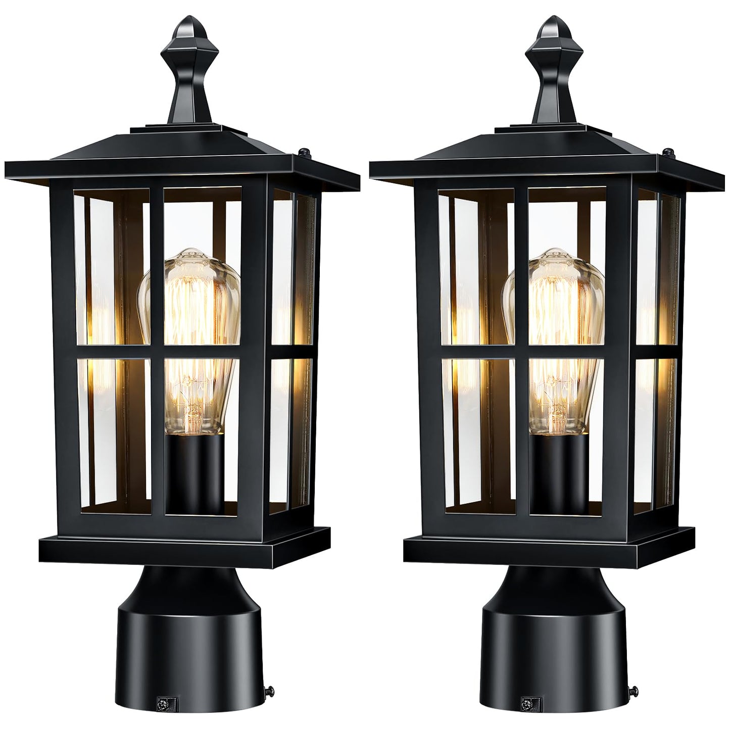 SNRU 2-Pack Outdoor Post Lights, Anti-Rust Farmhouse Pillar Post Light Fixtures, 15" Medium Black Exterior Post Lamp with Tempered Glass, Hardwired 120V Outside Lantern for Garden Driveway & Yard