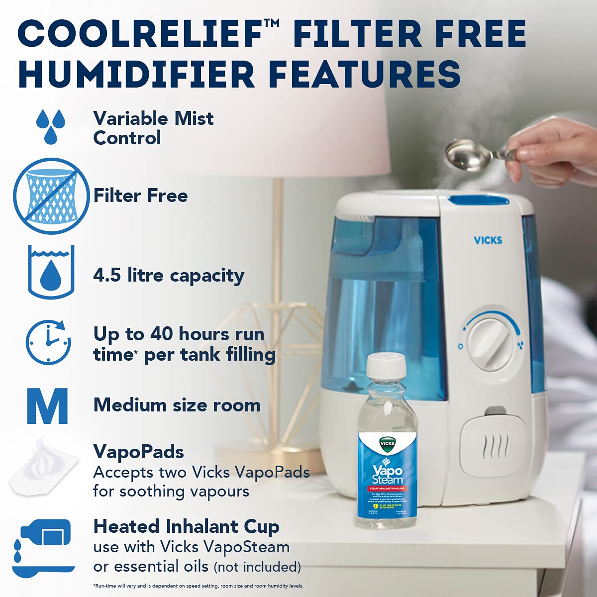 Vicks VUL600C CoolRelief Ultrasonic Cool Mist Humidifier, Medium Room Humidifier for Baby, Bedroom, Office Desk, with Variable Output Control, Scent Pad Slots, Inhalant Cup, Auto Shut-Off, 4.5L/1.2Gal