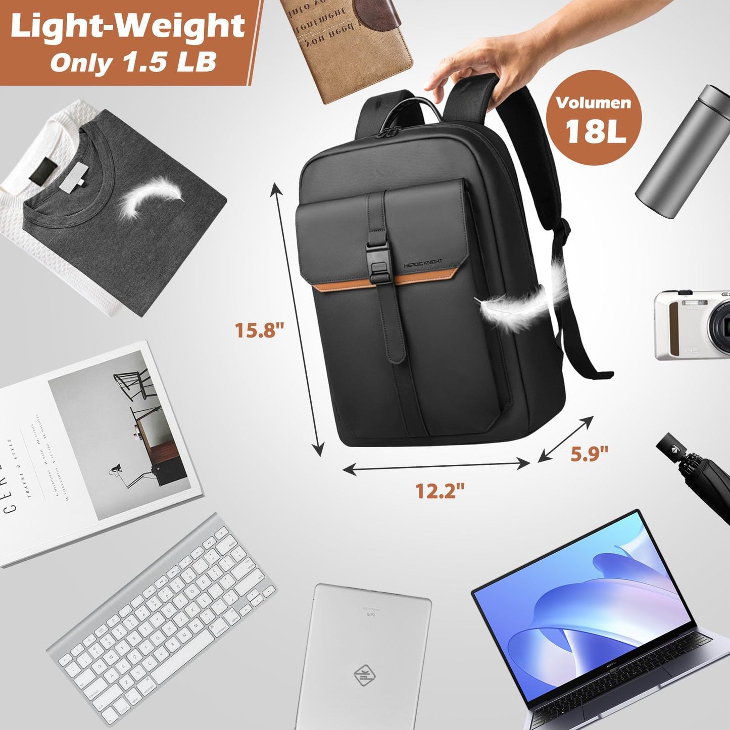 hk Slim Backpack for Men Women, 15.6 Inch Business Laptop Backpacks, Water-resistant Anti-theft Lightweight Computer Bag for Office Work Travel College Daily Elegant Casual - Black