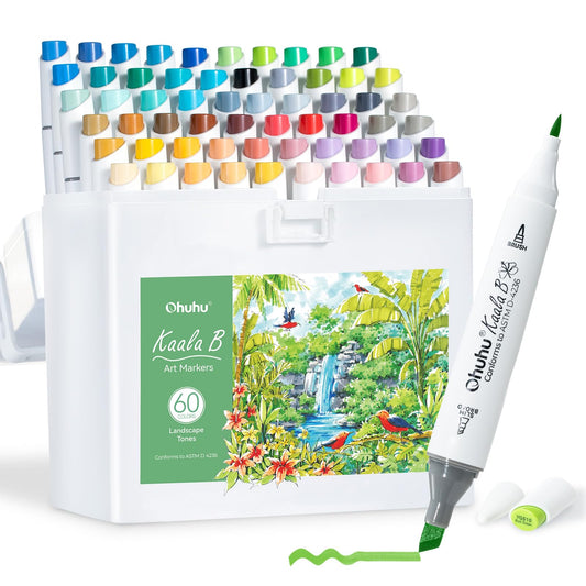 Ohuhu Alcohol Markers: Mini Brush & Slim Broad 60 Landscape Colors Dual Tip Brush Tip Alcohol-based Art Marker for Artists Adults Coloring Illustration- Refillable - Kaala B Series of Ohuhu Markers