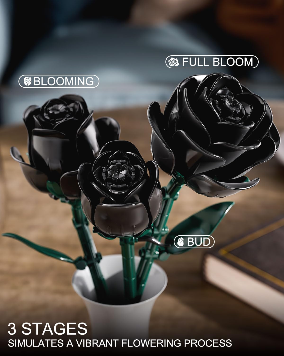 TYCOLE Black Roses Flower Building Set, Halloween Artificial Bouquet Kit Compatible with Legos Bricks - Indoor Plant Decorations for Home & Office - Romantic Gift for Women and Girls 6+