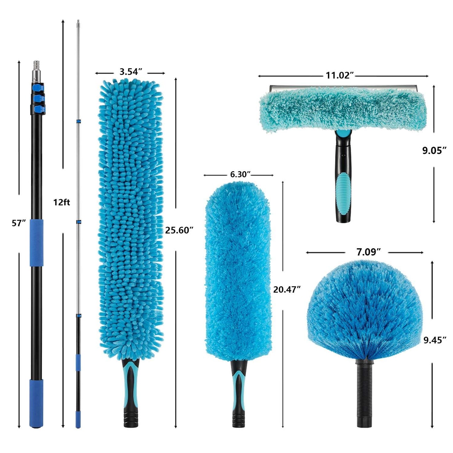 CXU 20 Foot Fan Cleaner High Ceiling 2 Cobweb Dusters with Heavy Duty Extension Pole, Window Squeegee Kit, Household Cleaning Gloves(12ft)