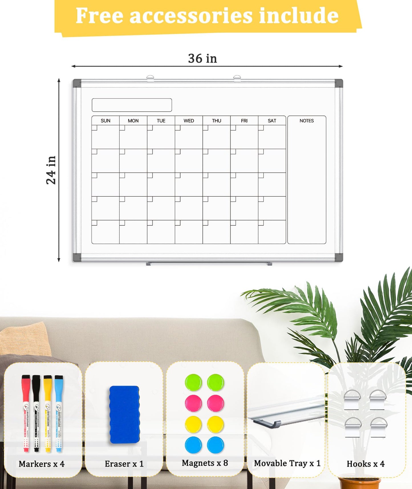 AMUSIGHT Double-Sided Whiteboard Calendar, 36" x 24" Dry Erase Calendar for Wall, Aluminum Frame White Board Planner Monthly Marker Board for Kitchen, Memo, School, Home, Office