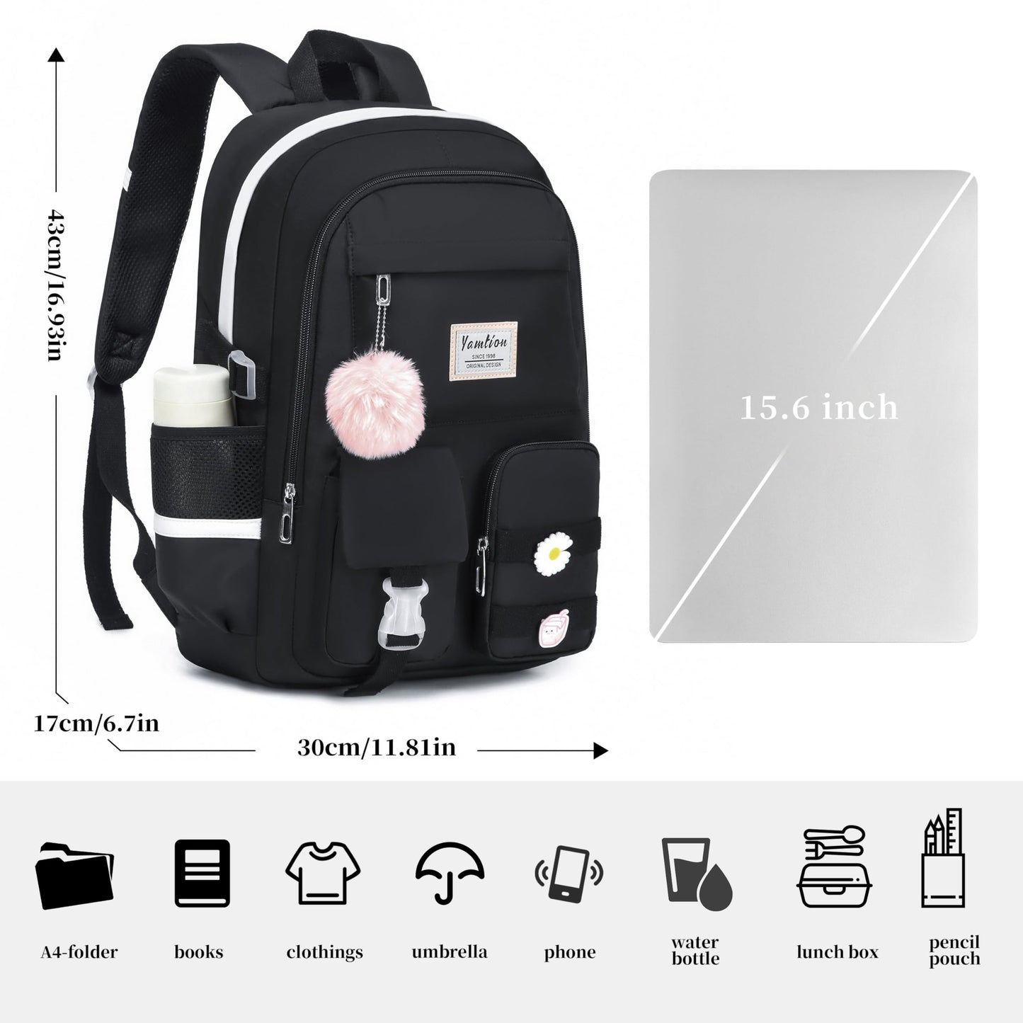 School Backpack for Teen Girls,15.6in Laptop Backpack Kids Bookbag for Middle School College Students,Cute School Bag for Women,Black