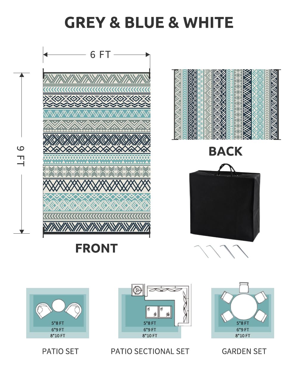 COCOER Boho Reversible Outdoor Picnic Blanket - 6x9 ft Blue Turquoise Floral Waterproof Plastic Straw Rug for RV Camping, Backyard, Deck