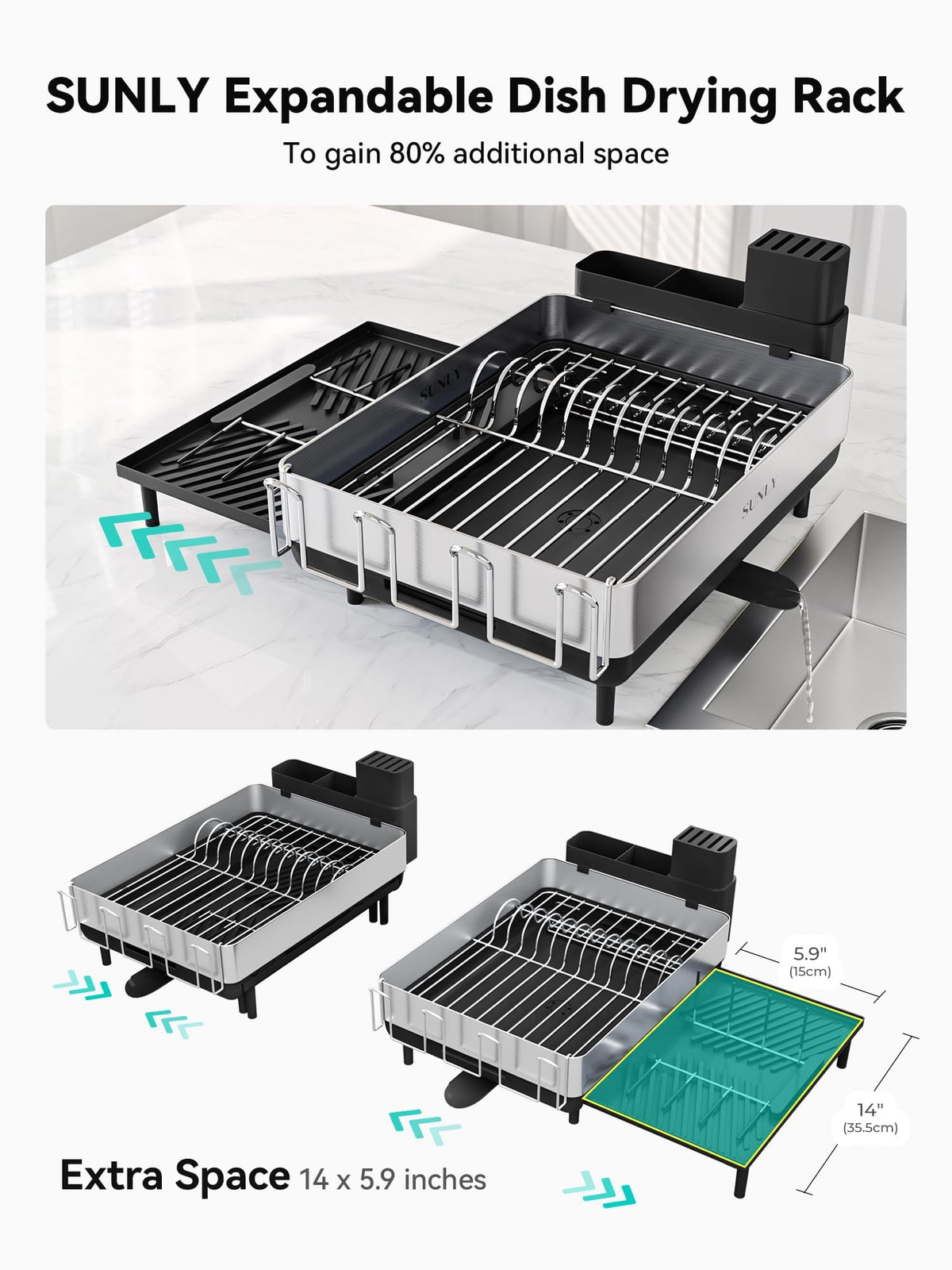 SUNLY Large Dish Drying Rack, for Kitchen Counter, Space Saving 304 Stainless Steel Dish Racks with Drain Board, Extra Large Dish Drainer with Multifunctional Flip Up Pegs, Black