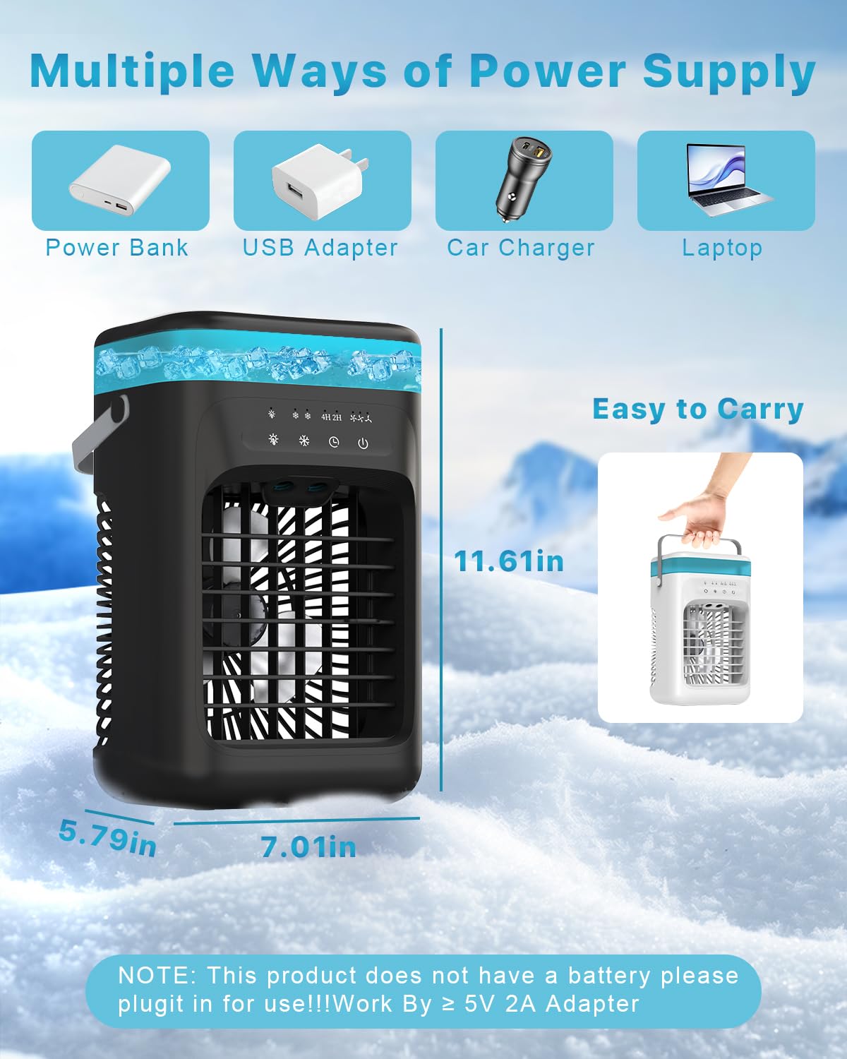 Portable Air Conditioner, 4-in-1 Evaporative Air Cooler, Personal Cooling Fan with 3 Speeds, 2 Mist Modes, 7 LED Night Light, 2-4H Timer