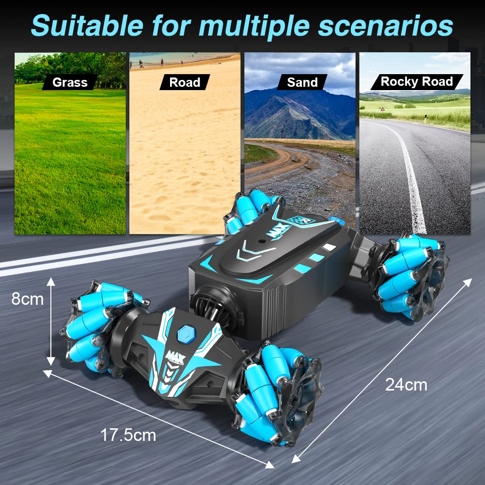 Remote Control Car Hand Controlled Gesture RC Stunt Car with Spray & Lights & Music for Kids 6-13 Years Old, 4WD 2.4GHz Off-Road Vehicle 360° Double Sided Rotation Crawler Toy Car Gifts for Boys Girls