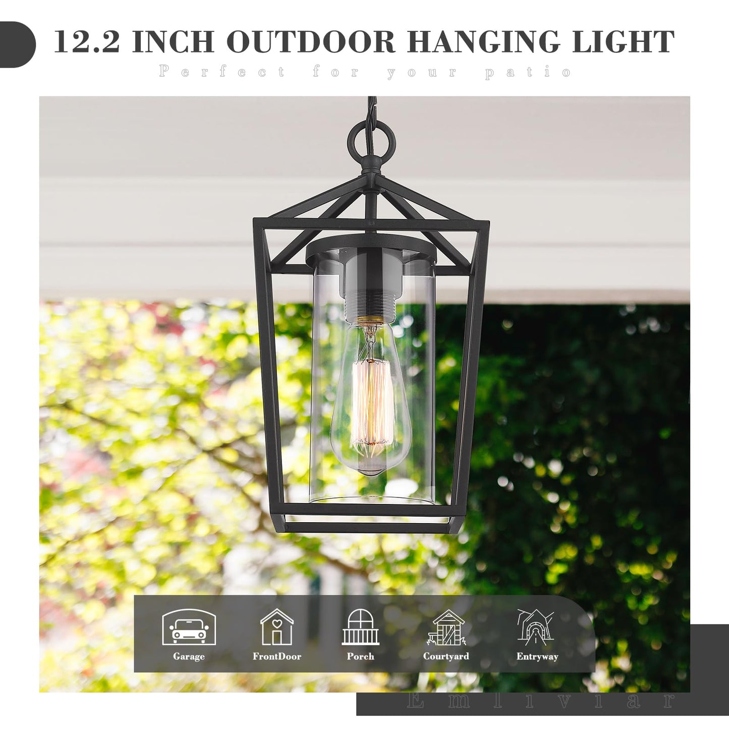 Emliviar Modern Outdoor Pendant Light, 1-Light Outdoor Hanging Lantern Light in Black Finish with Clear Glass, 20065H BK
