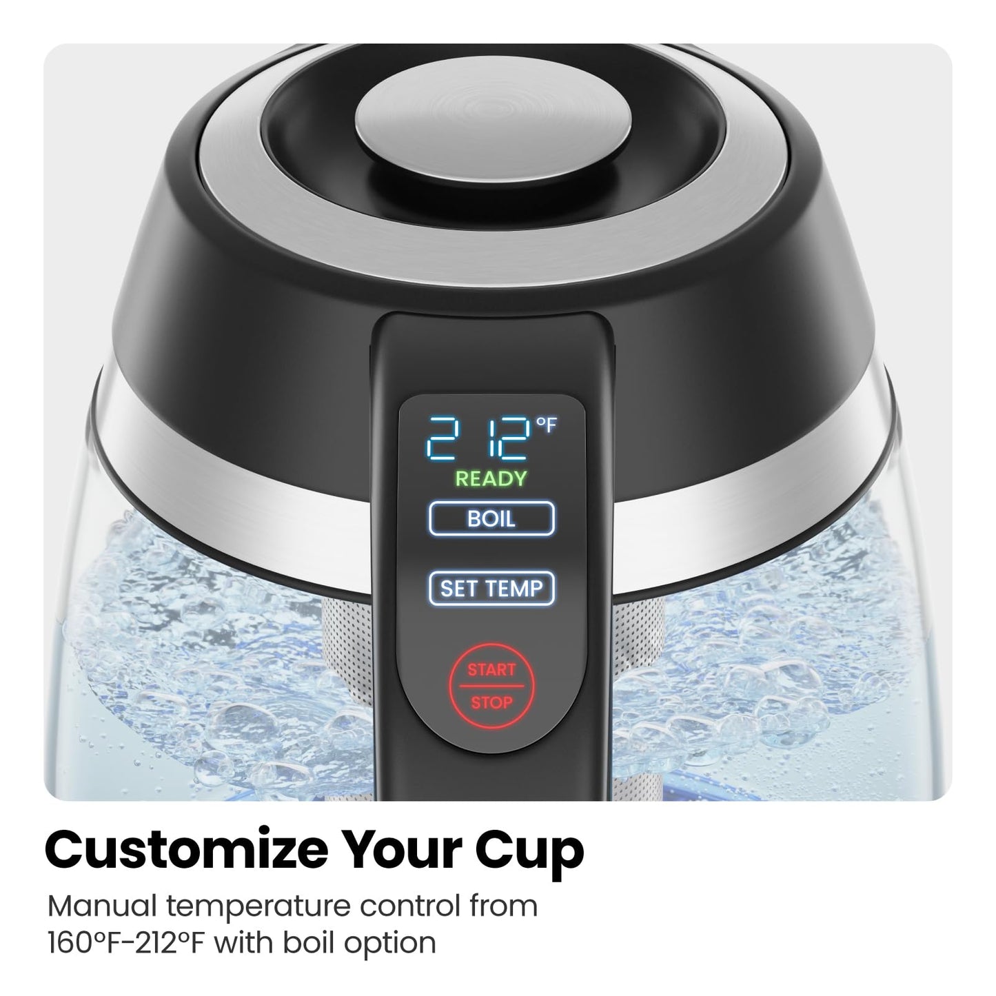 CHEFMAN Electric Kettle with Digital Temperature Control, 1.8L 1500W with Tea Infuser, Hot Water in 3 Minutes, Auto Shut Off, Keep Warm, Borosilicate Glass Electric Tea Kettle – Stainless Steel