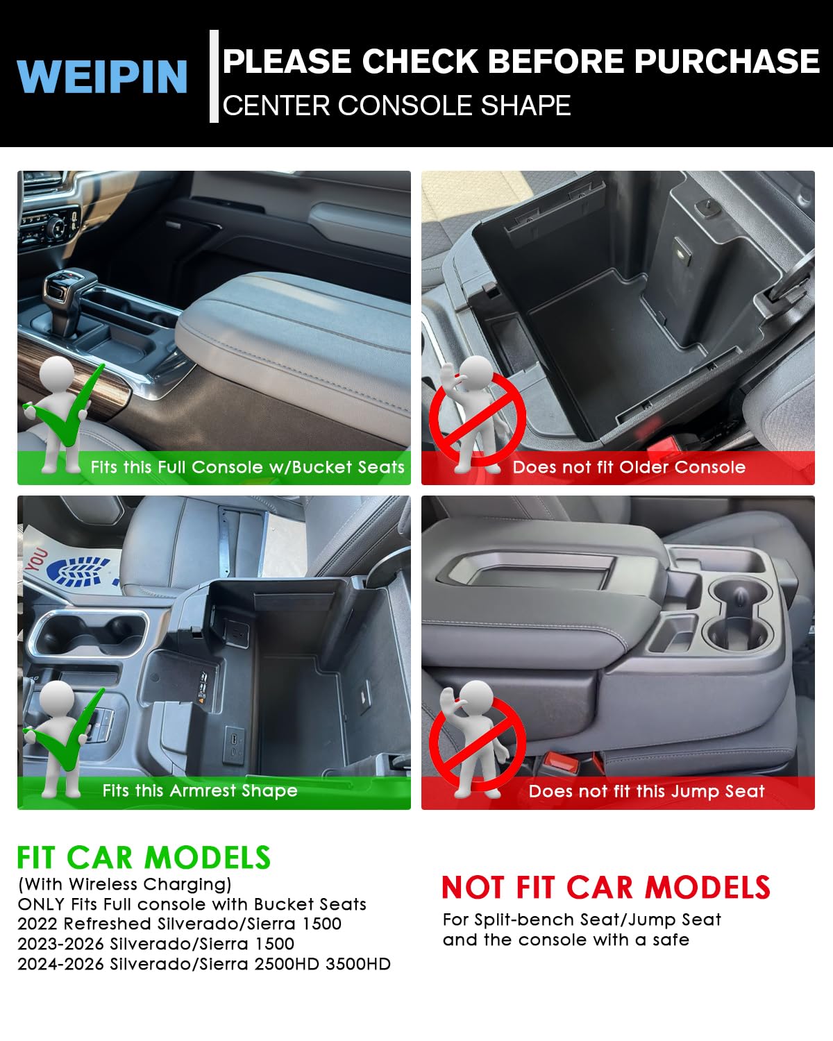 Silverado Sierra Center Console Organizer - Refreshed Models 2024-2025 Chevy Silverado/GMC Sierra 2500HD 3500HD - (Full Console w/Bucket Seats ONLY) - Black