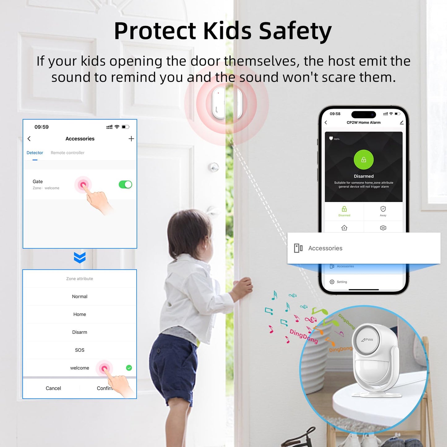 CPVAN Home Alarm System, 2.4GHz WiFi PIR Motion Sensor Alarm, Wireless Door/Window Alarm(Not for Iron Material) for Security with Phone APP Alert 9 Pieces-Kit, White