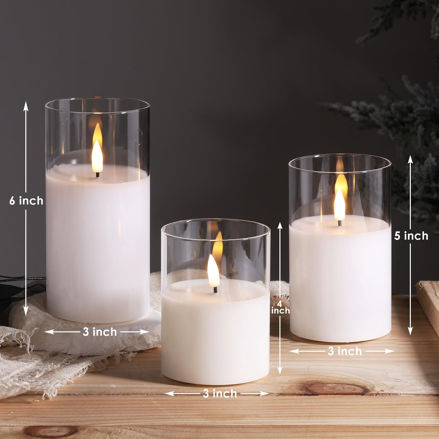 Eywamage Clear Glass Flameless Candles with Remote Set of 3, White Flickering Battery Operated LED Pillar Candles Φ 3" H 4" 5" 6"