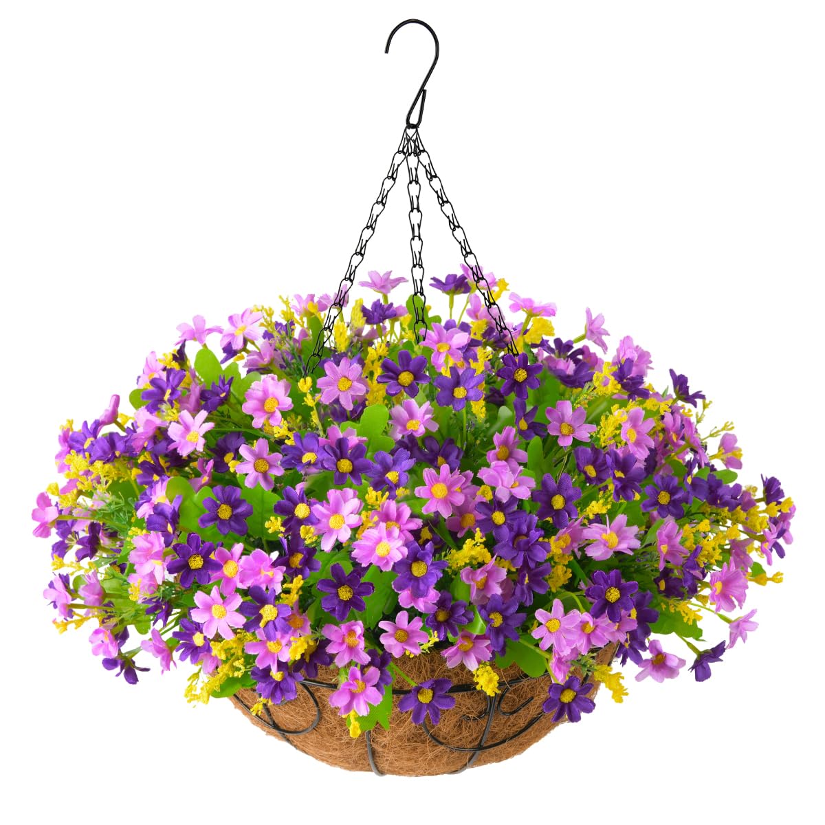 Homsunny Artificial Hanging Flowers in Basket Outdoor Indoor Patio Lawn Garden Decor, Hanging Daisy Basket with 12inch Coconut Lining Chain Flowerpot (Dark Purple)