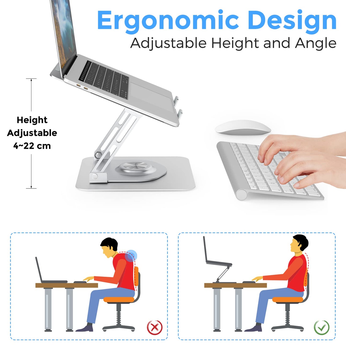 Swivel Laptop Stand for Desk, Adjustable Height Aluminum Computer Stand with 360 Rotating Base, Foldable Ergonomic Riser, Portable Laptop Holder Compatible with MacBook, All Laptops 10-17'', Chrome