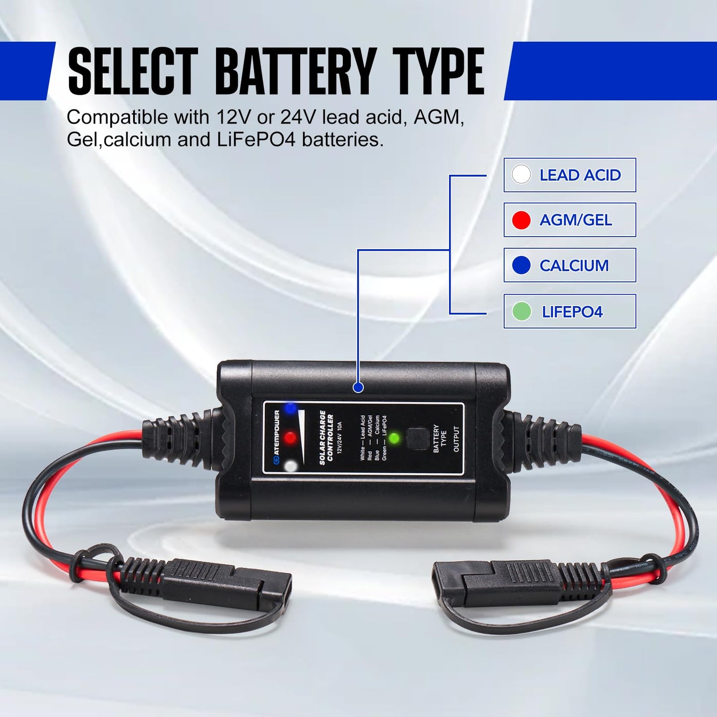 10A MPPT Solar Charge Controller, ATEM POWER 12/24 Volt Intelligent Portable Solar Panel Controller for Solar Panels, Solar Regulator with LED Indicate for Gel AGM Lead-Acid, LiFePO4, Lithium Battery
