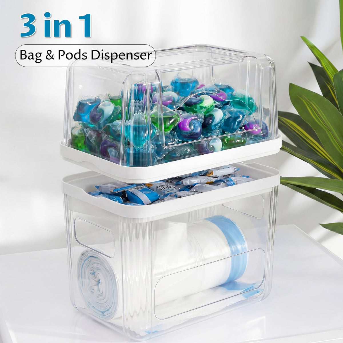 Onemake 3-in-1 Acrylic Trash Bag Dispenser & Laundry Pods Container Organizer, Extra Large Garbage Bag Holder for Kitchen Laundry Room Under Sink Pantry Organization and Storage (Clear, XL)