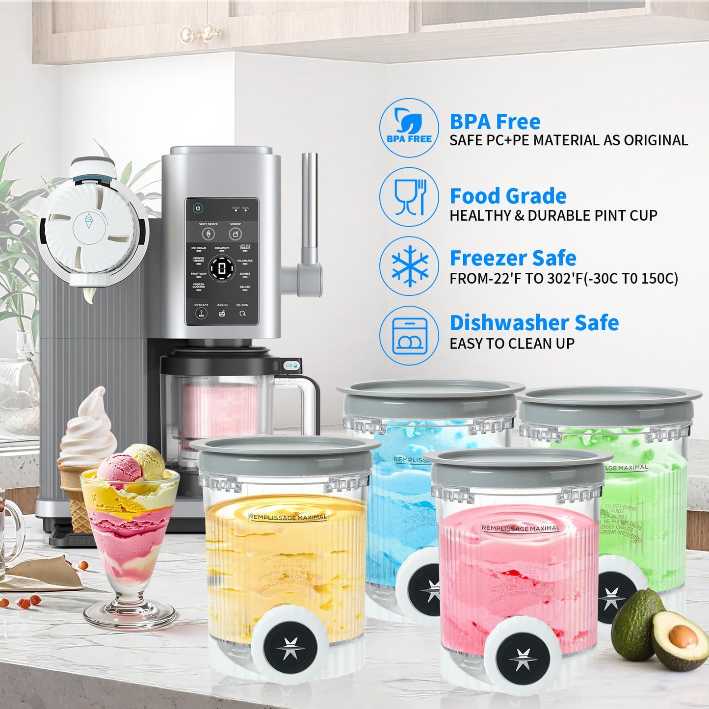 4 Pack Creami Pints and Lids for Ninja NC700 NC701 Series, Compatible with Ninja Swirl Ice Cream & Soft Serve Makers, BPA-Free & Dishwasher Safe, Replacement XSK7PNTLD2