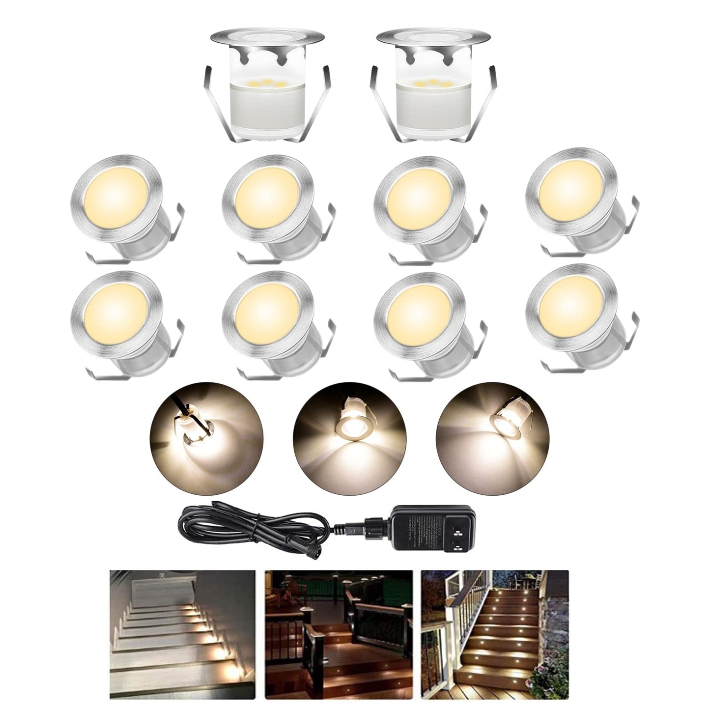 YZGWZLD LED Deck Lights Kit, 10pack Φ1.18 1W IP67 Waterproof 12V Low Voltage Recessed Step Stair Warm White LED Lighting for Yard,Garden,Entryways,Basement