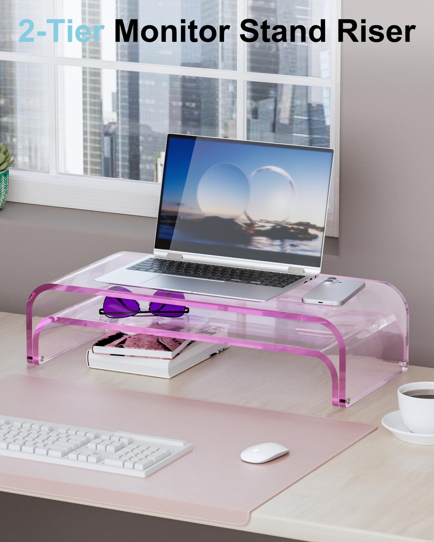 ERGO COLLECT Acrylic Dual Monitor Stand Riser, 2 Tier Detachable Laptop Stand, Computer Desk Organizer Shelf for PC, Laptop, iMac, Home Office (Pink)