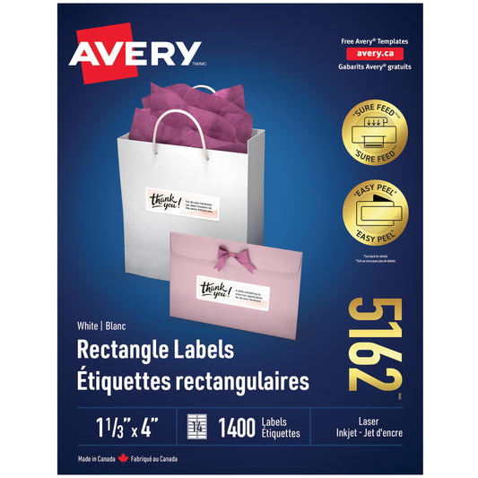 Avery Address Mailing Labels with Easy Peel for Laser/Inkjet Printers, 1-1/3" x 4", White, Rectangle, 1400 Labels, Permanent (5162) Made in Canada
