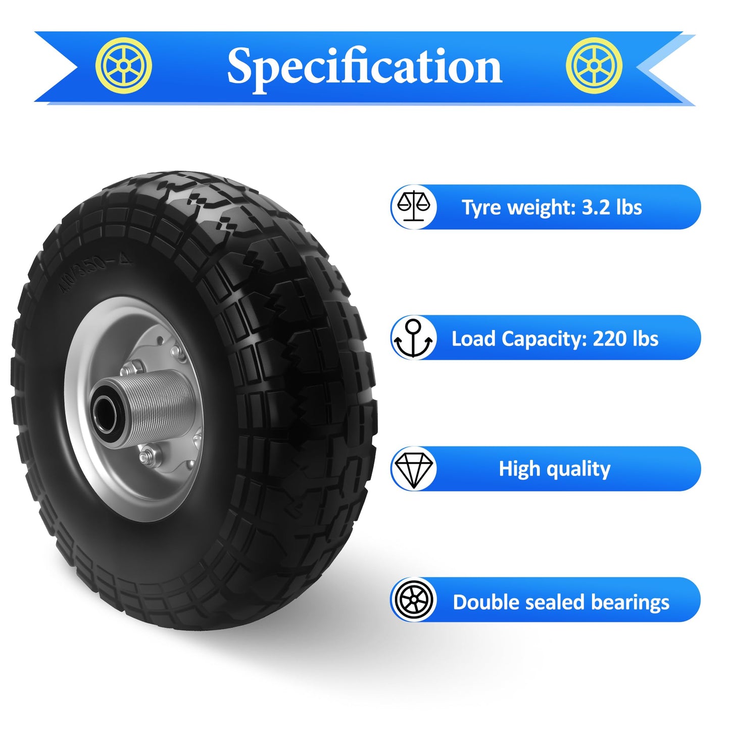 4.10/3.50-4 Solid Rubber Tire Wheels, 10 Inch Tire and Wheel Flat Free, for Garden Carts/Dolly/Trolley/Dump Cart/Hand Truck/Wheelbarrow/Garden Wagon(Black, 2 pcs)