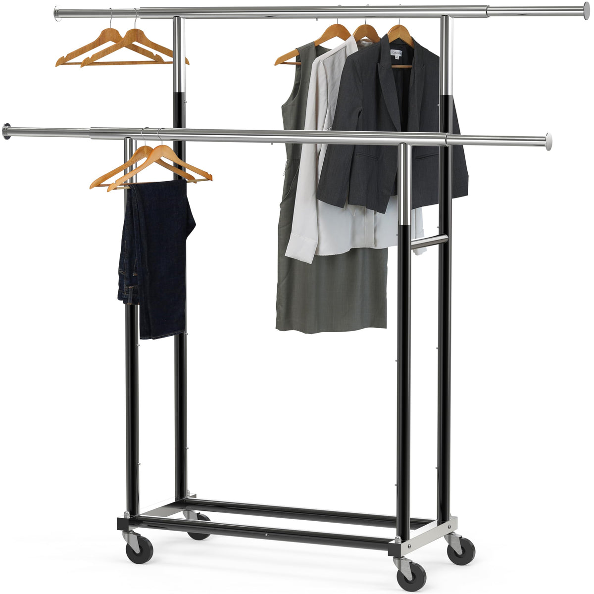 Simple Houseware Standard Double Rods Clothes Hanging Rack on Wheels - Expandable Metal Garment Rack, Black