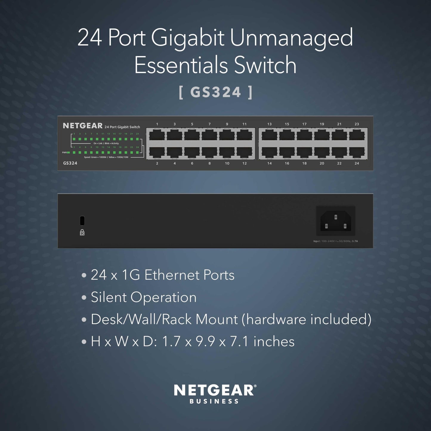 NETGEAR 24-Port Gigabit Ethernet Unmanaged Switch (GS324) - Desktop/Rackmount, Sturdy Metal Fanless Housing