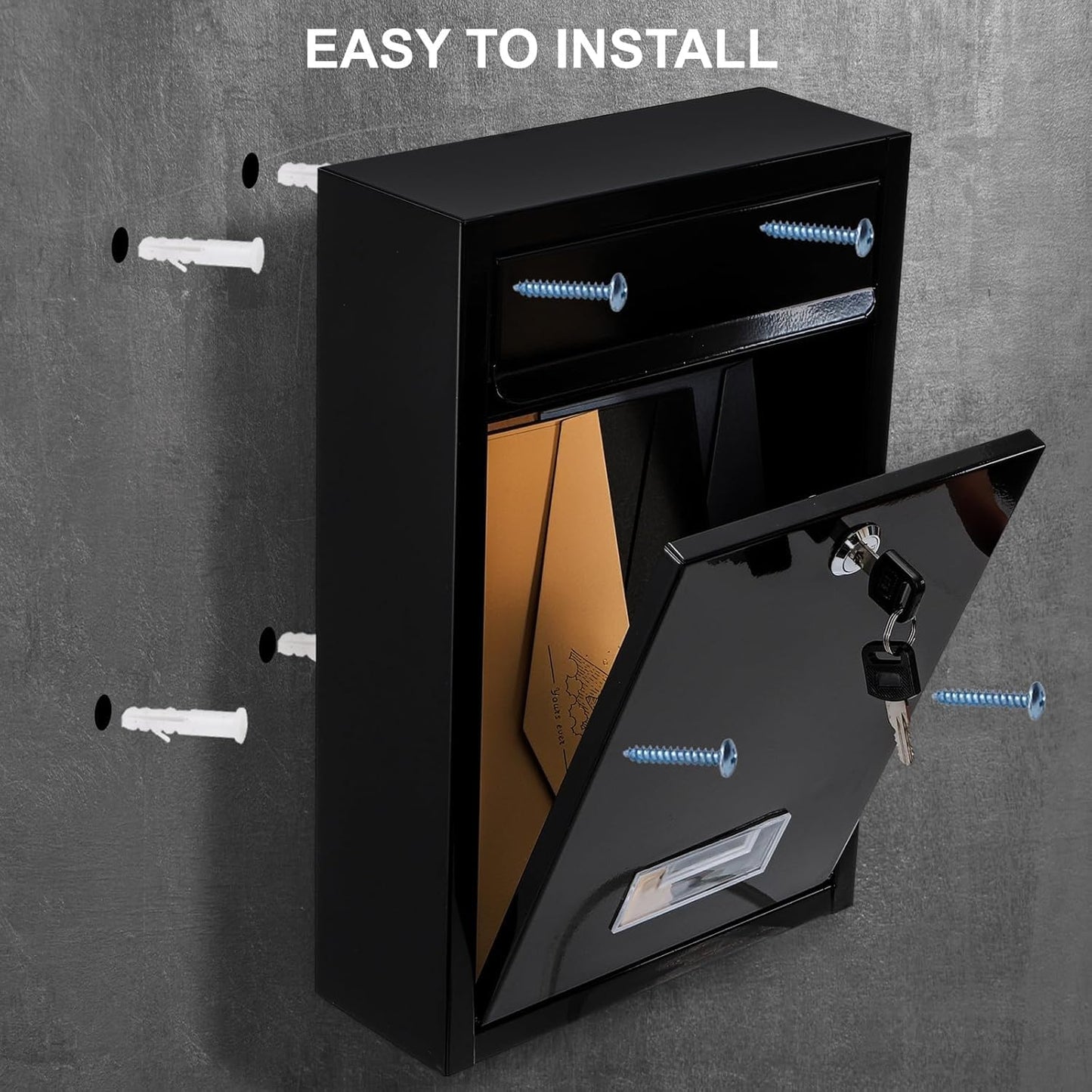 DEAYOU Wall Mount Mailbox, Steel Cover Metal Drop Box, Mail Box with Key Lock, Dropbox with Slot for Envelope, Home, Outside, Office Business, Decor, 12.6" H x 8.5" L x 3.3" W, Black