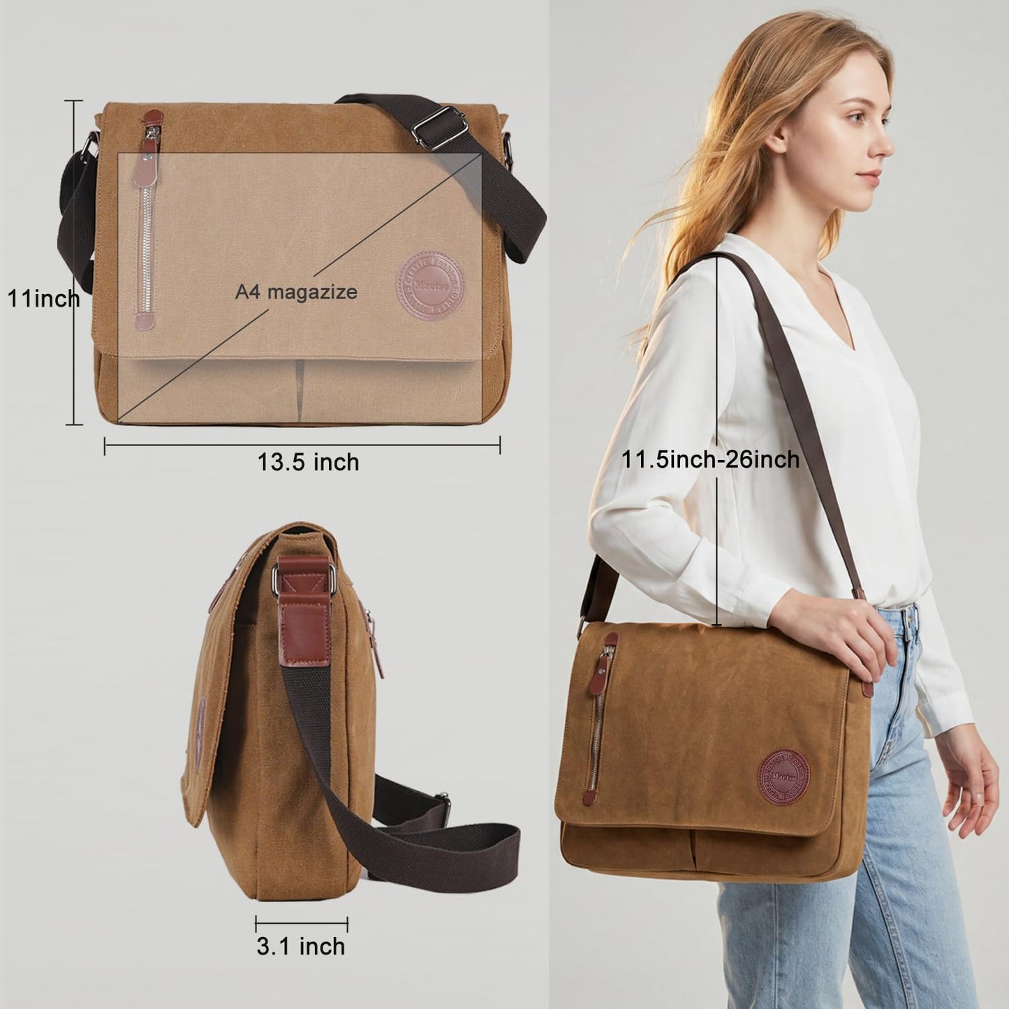 Vintage Canvas Satchel Messenger Bag for Men Women,Travel Shoulder Bag 13.5" Laptop Bags Bookbag (Coffee)