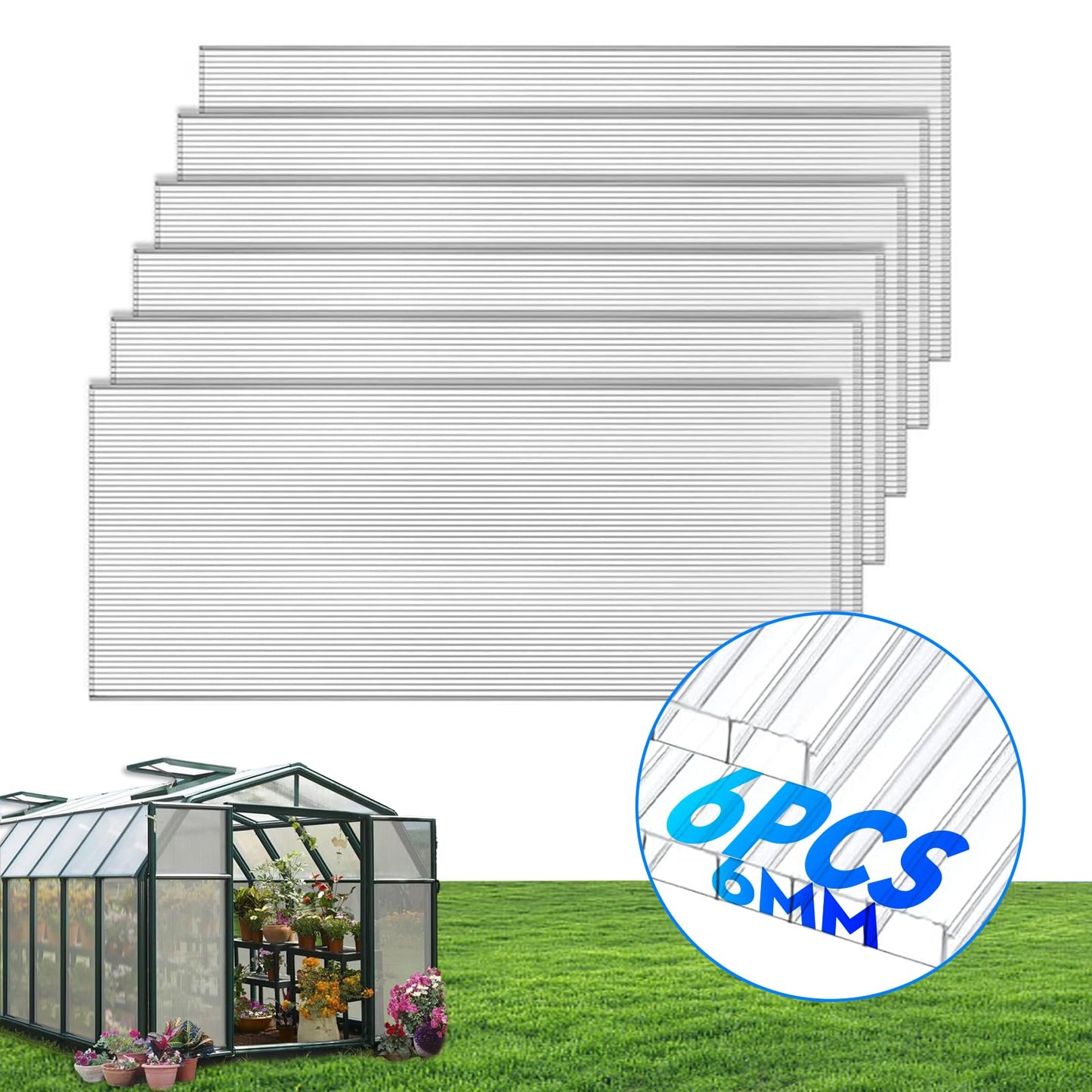 6pack Polycarbonate Greenhouse Panels, 4' x 2' x 0.24" Thickness Twin Wall Polycarbonate Sheets with 5Pcs Aluminum Connecting Strips & 50Pcs W Clips, UV Protected Clear Plastic Roof Panels