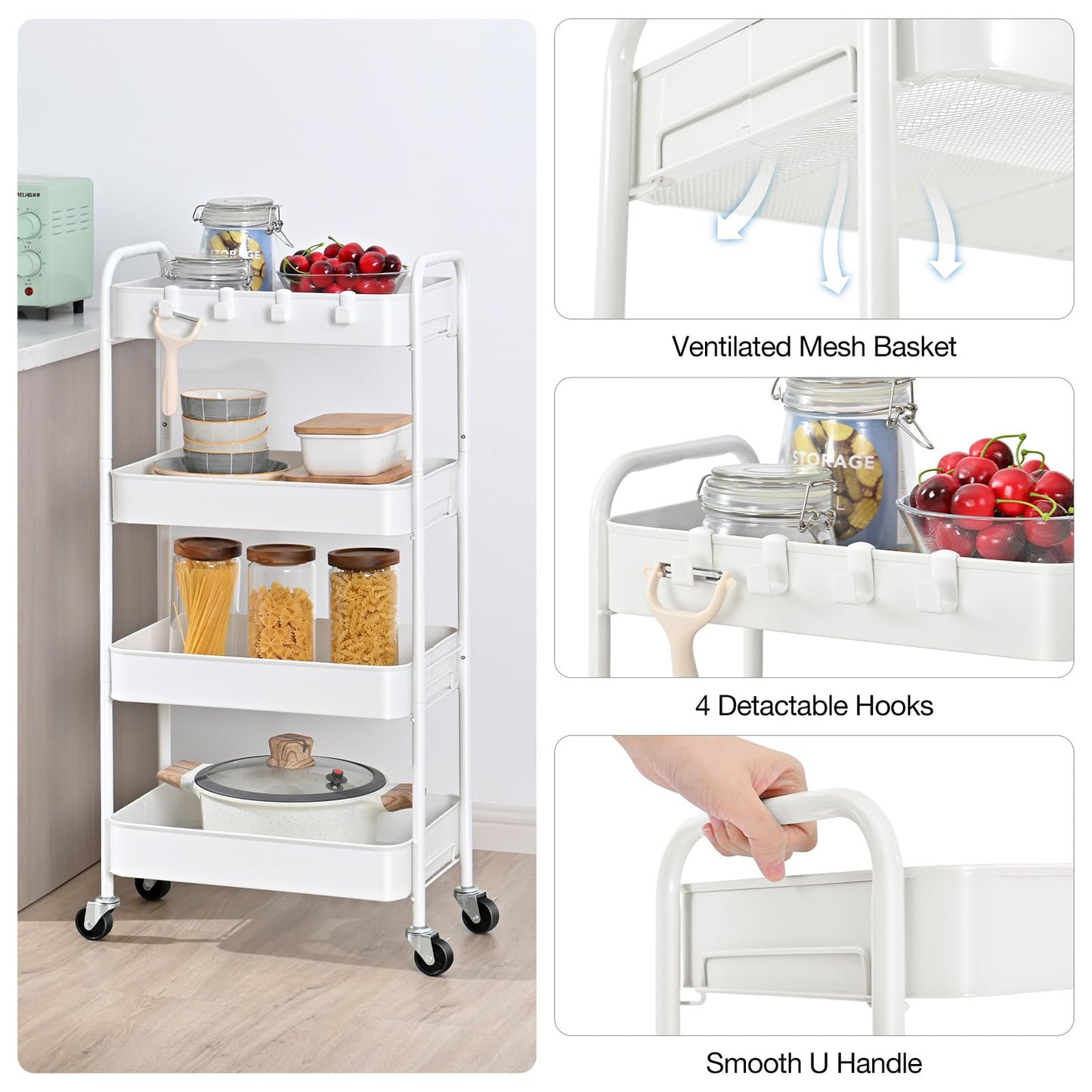 TOOLF 4-Tier Rolling Cart, Metal Utility Cart with Lockable Wheels, Storage Craft Organizer Serving Trolley Easy Assembly for Office, Bathroom, Kitchen, Kids' Room, Classroom, White