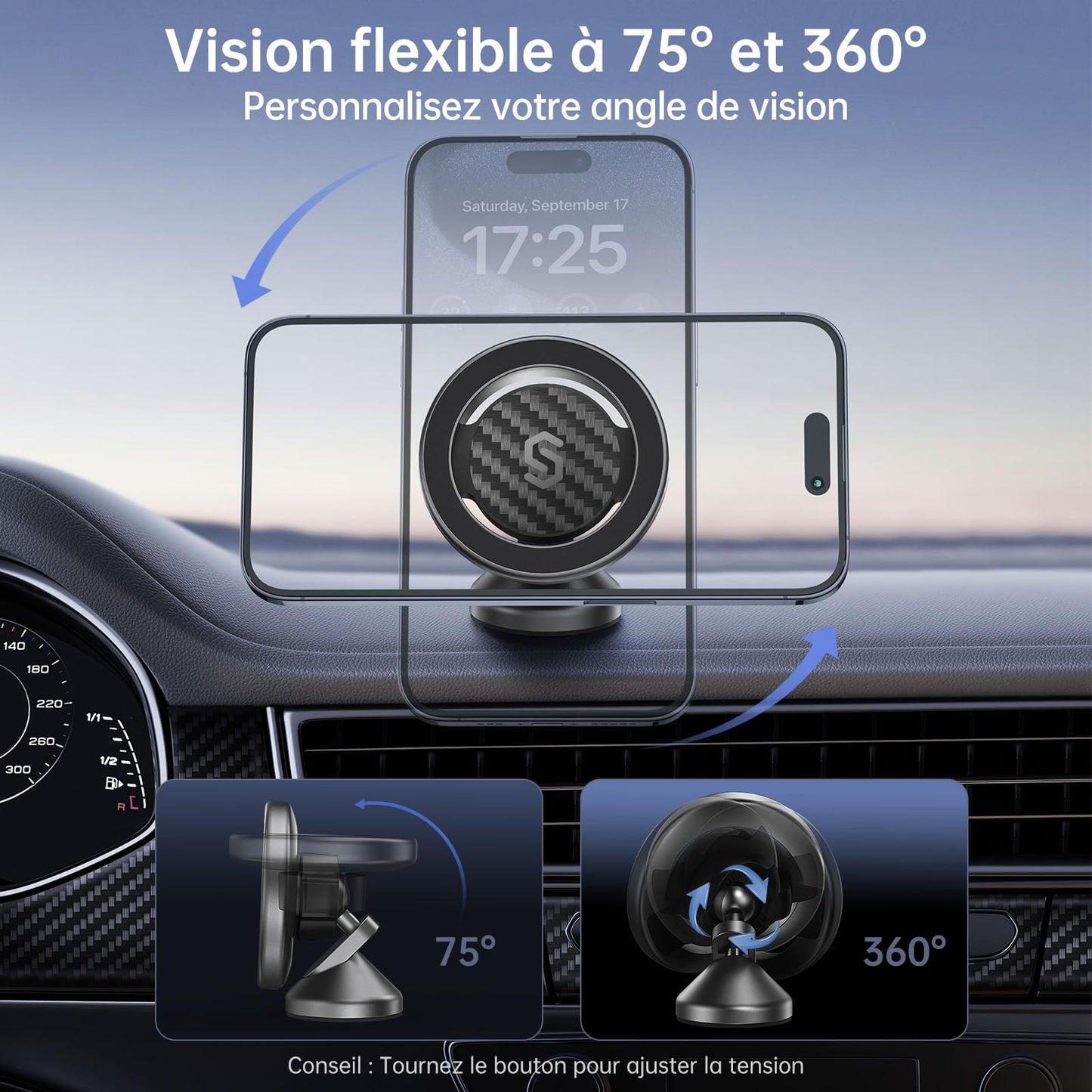 SYNCWIRE MagSafe Car Mount - Flexible Rotation Magnetic Phone Holder for Dash, Strong Magnets, Universal Compatible iPhone, Samsung, Pixel - MagSafe Car Accessories