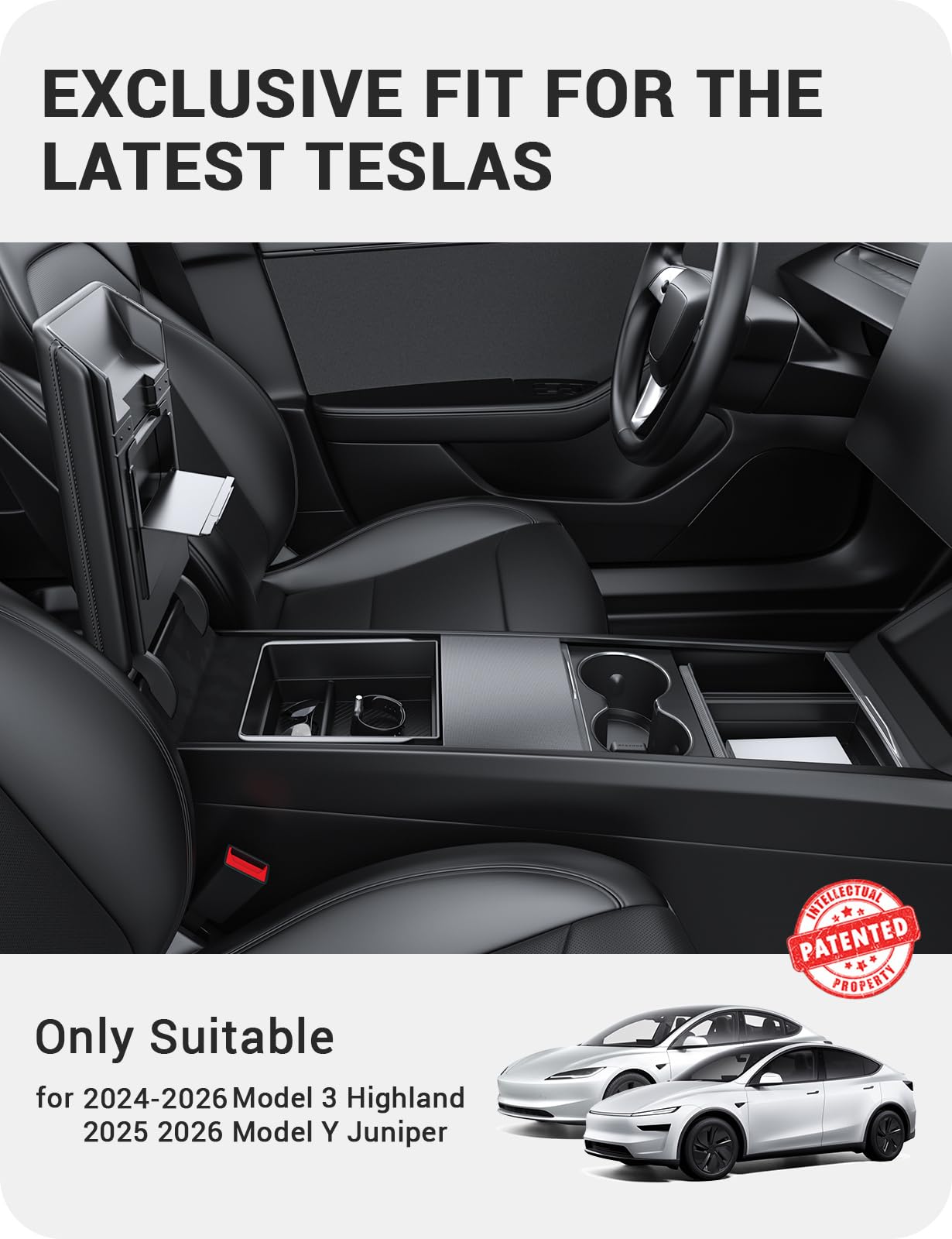 BASENOR 4PCS 2026 Tesla Model Y Model 3 Center Console Organizer Tray [Double Layer Design],Cup Holder Armrest Hidden Storage Box for 2025 2026 Model Y Juniper 2024-2026 Tesla 3 Highland Accessories