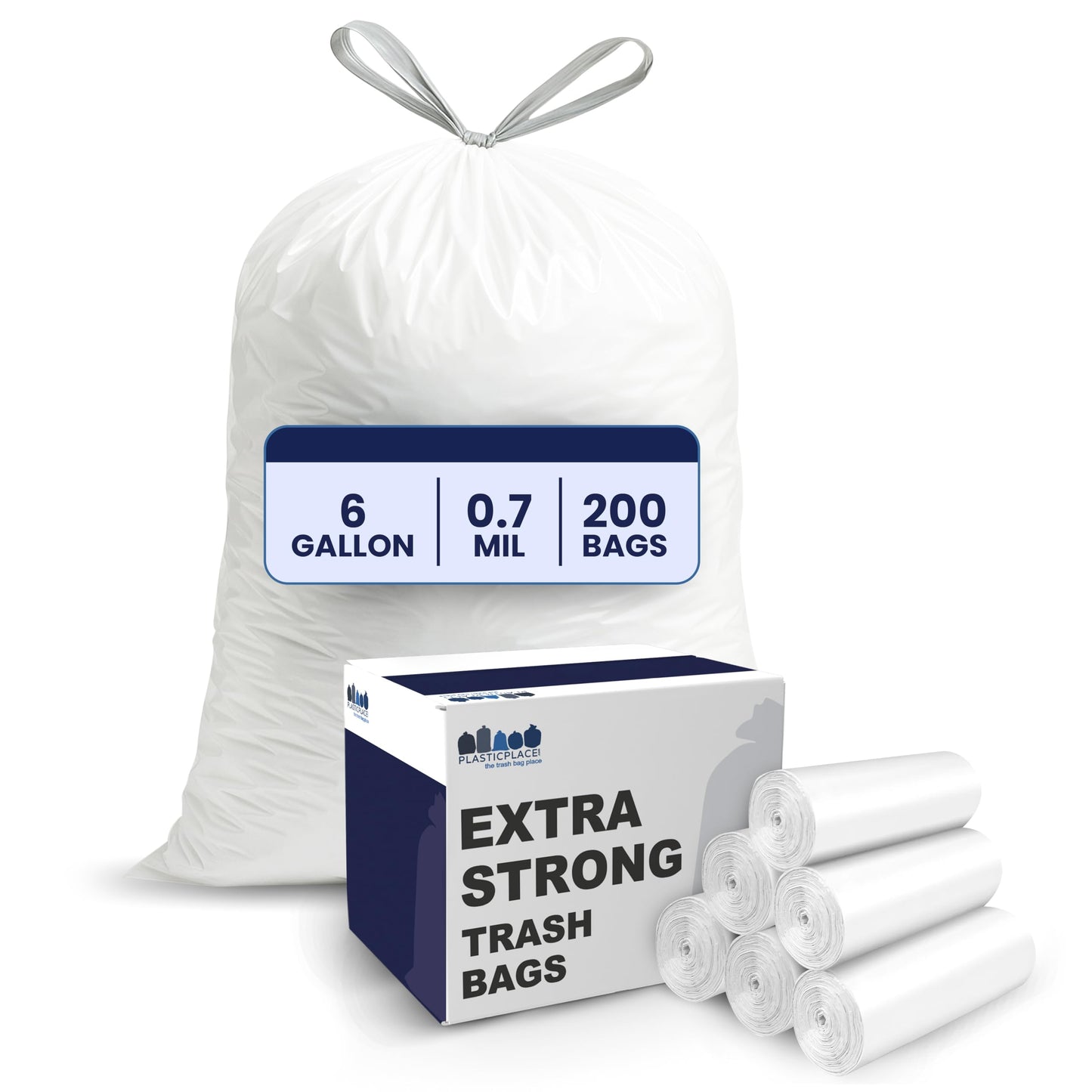 Plasticplace 4-6 Gallon White Drawstring Bags, 100% Prime Material, 17x20, 0.7 Mil, 200/Case