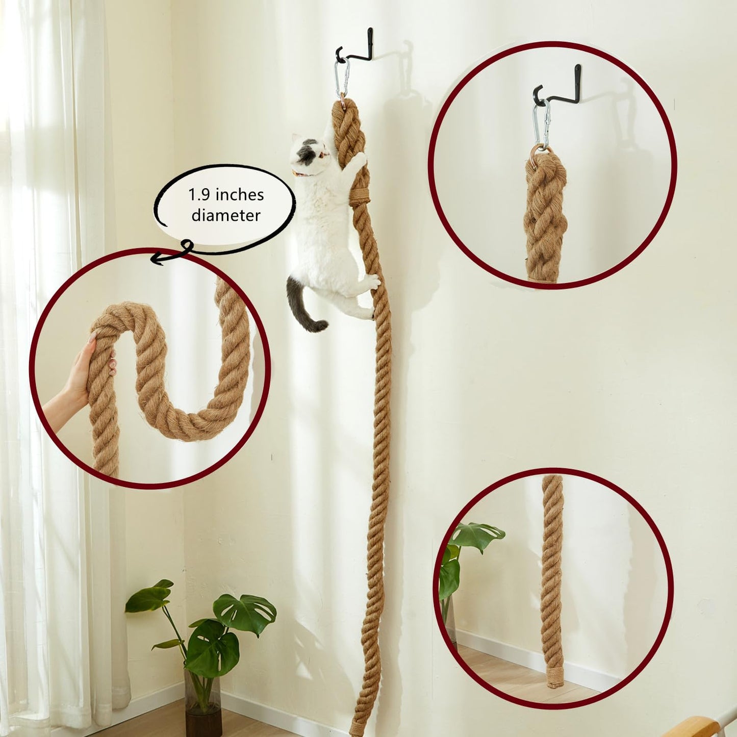 SHENGOCASE Cat Climbing Jute Rope with Hook, Wall Mounted Furniture Pole Scratching Post for Indoor and Outdoor Cat